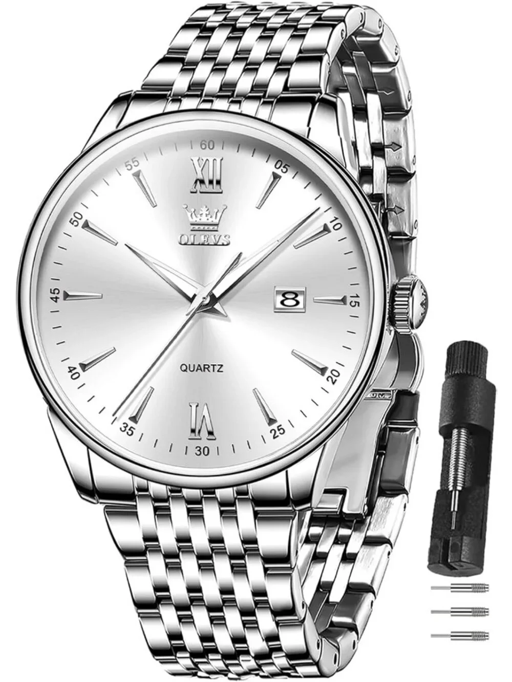 Men's Silver Stainless Steel Band Waterproof Roman Numbers Round Classic Watch
